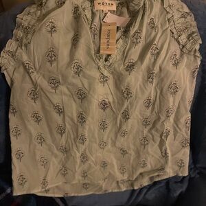 Cream /light green Relaxed Ruffled Blouse